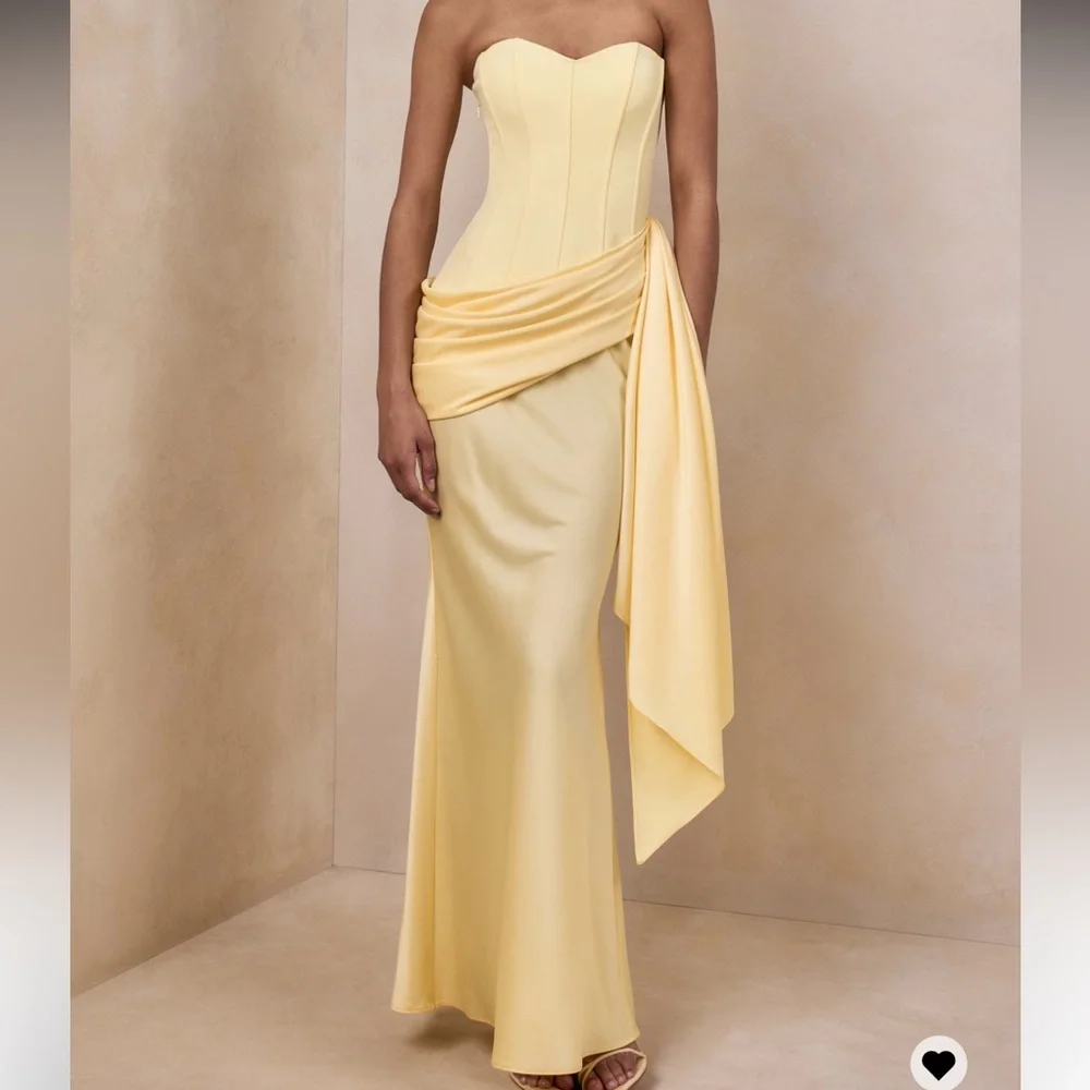 Oakley | Lemon Satin Bandeau Maxi Dress with Draped Skirt | Club L London - Picture 5 of 6